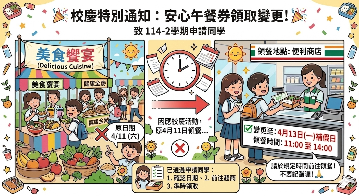 因應學校4月11日（週六）辦理校慶園遊會活動，有關已通過申請本學期(114-2)安心午餐券的同學,原4月11日（六）領餐變更至4月13日（一）補假日,請於規定時間前往領餐。